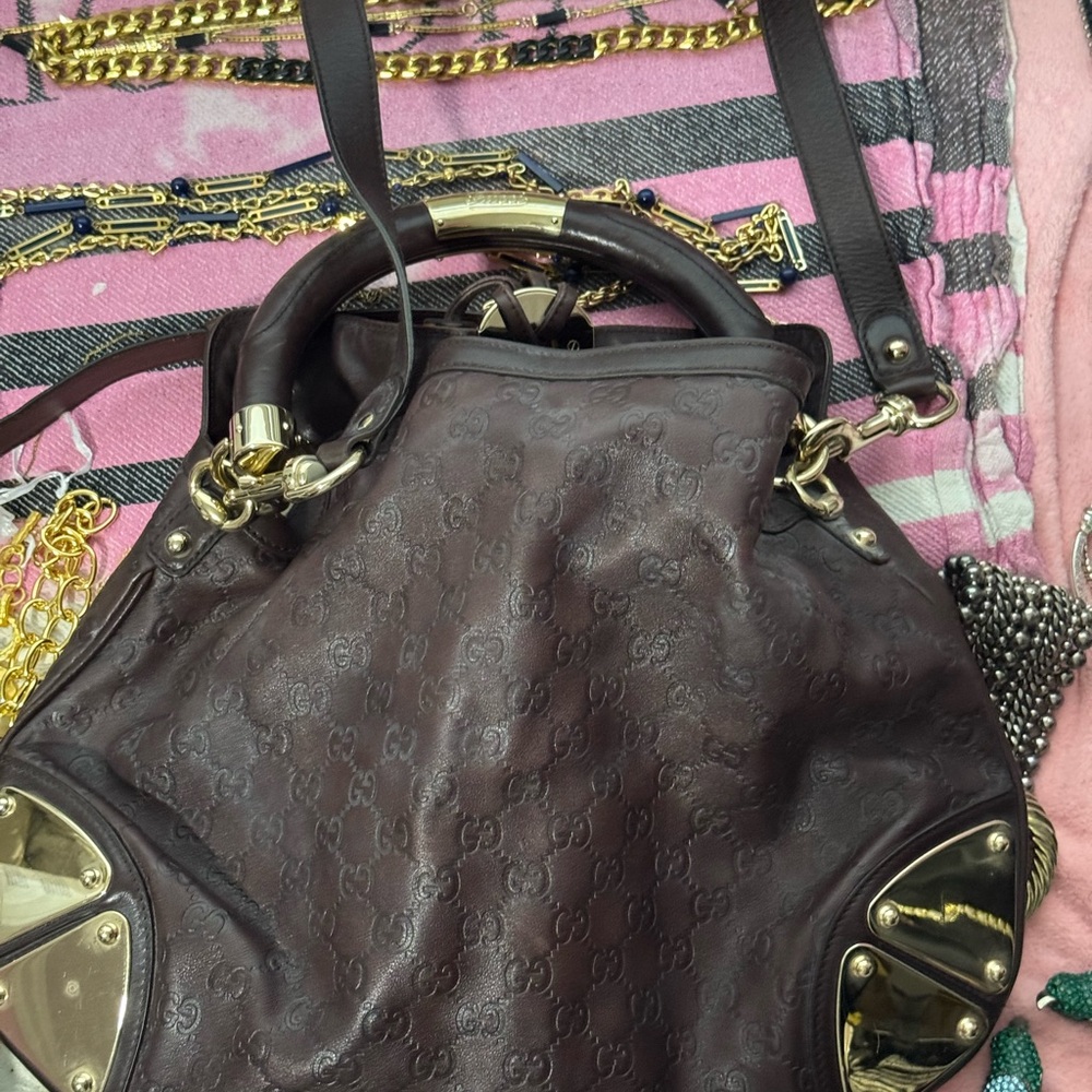 Gucci Dark Brown Embossed Leather Tassel Satchel with Gold Hardware - Picture 3 of 6